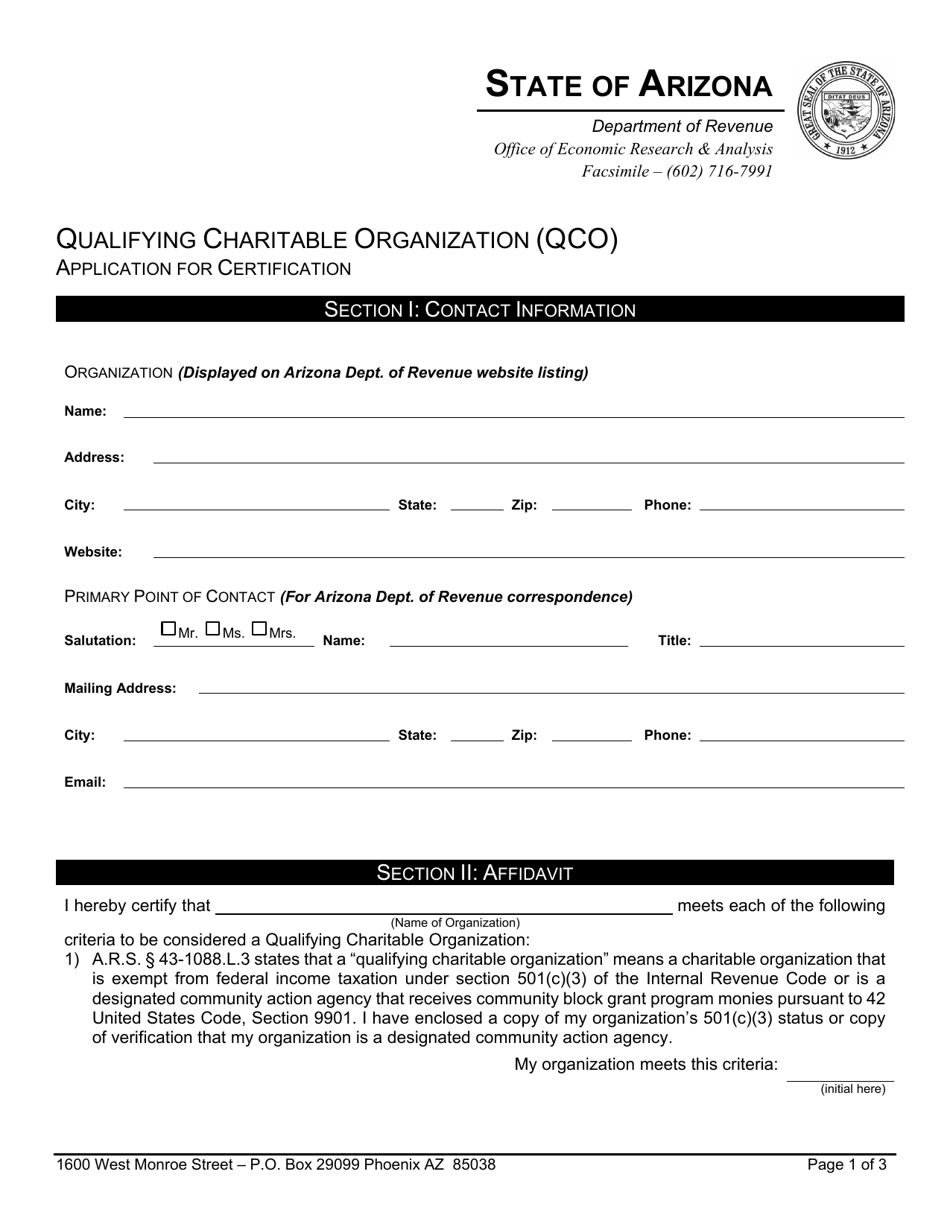Application for Qualifying Charitable Organization Certification - Arizona, Page 1