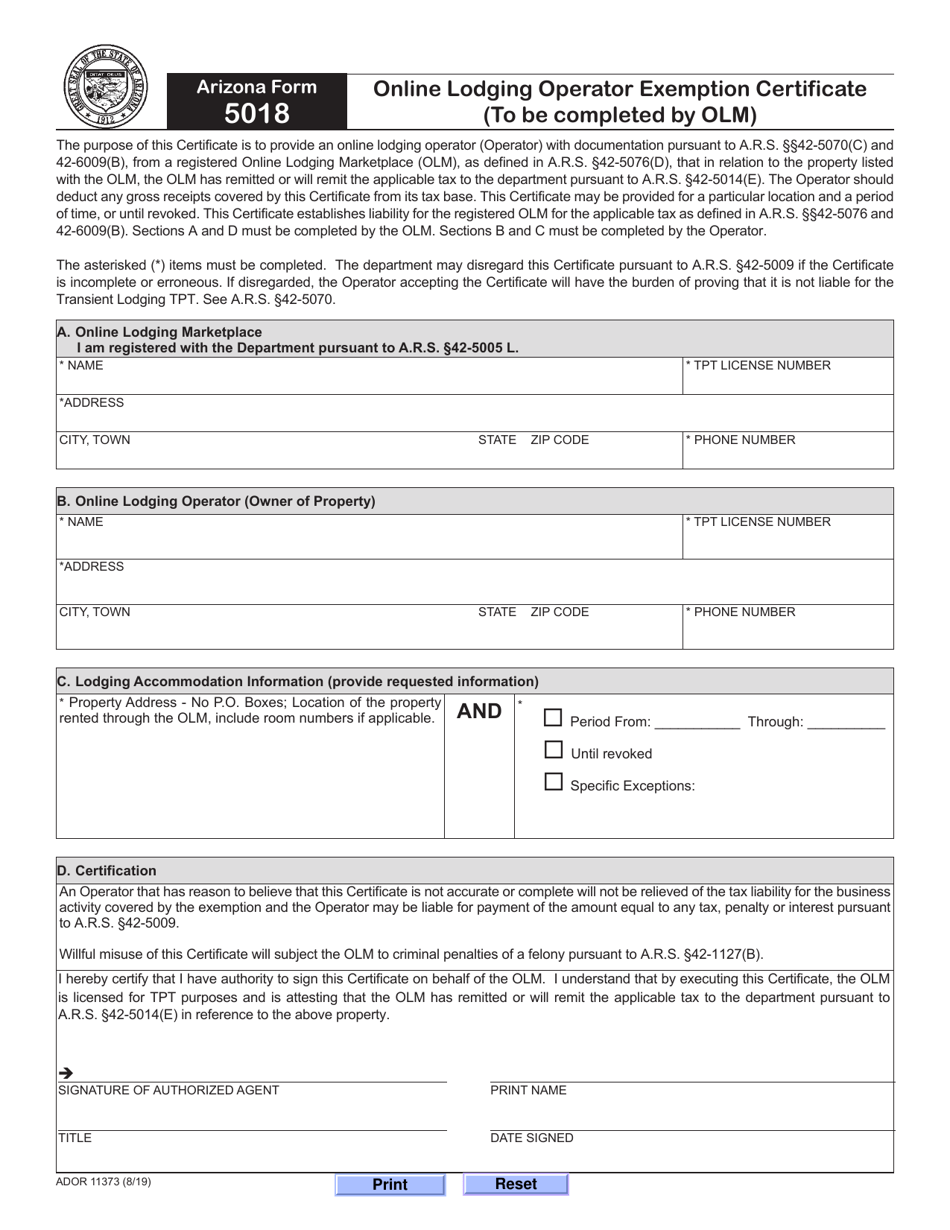 Arizona Form 5018 (ADOR11373) Online Lodging Operator Exemption Certificate (To Be Completed by Olm) - Arizona, Page 1
