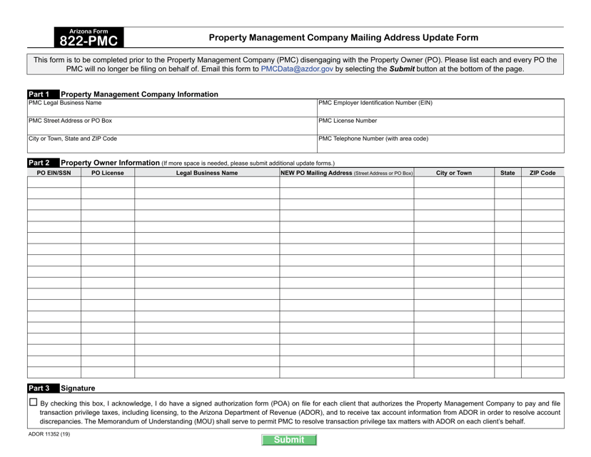 Arizona Form 822-PMC (ADOR11352)  Printable Pdf