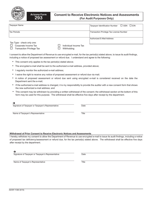 Arizona Form 293 (ADOR11380) Consent to Receive Electronic Notices and Assessments (For Audit Purposes Only) - Arizona
