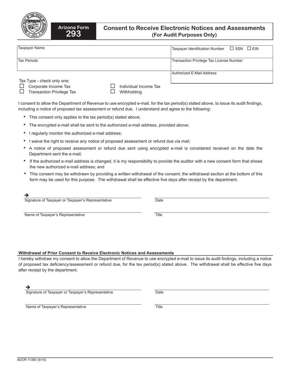 Arizona Form 293 (ADOR11380) Consent to Receive Electronic Notices and Assessments (For Audit Purposes Only) - Arizona, Page 1