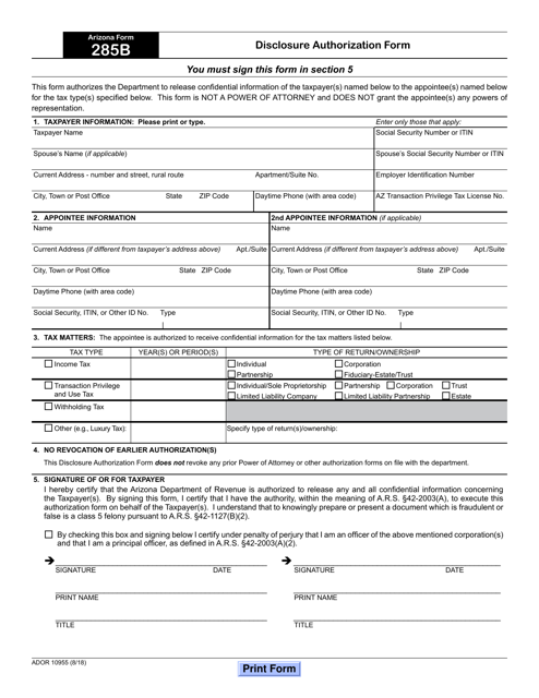 Arizona Form 285B (ADOR10955)  Printable Pdf
