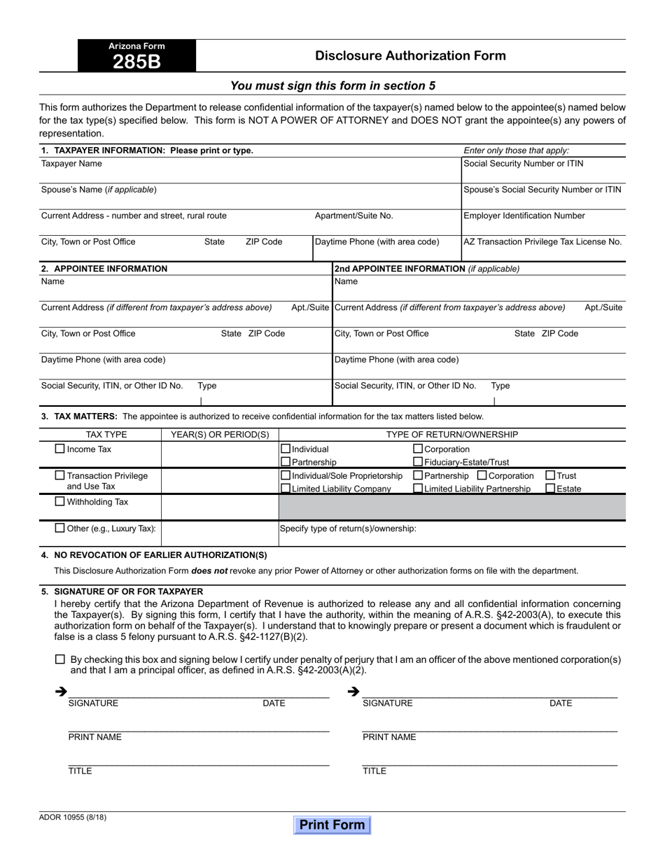 Arizona Form 285B (ADOR10955) - Fill Out, Sign Online And Download ...