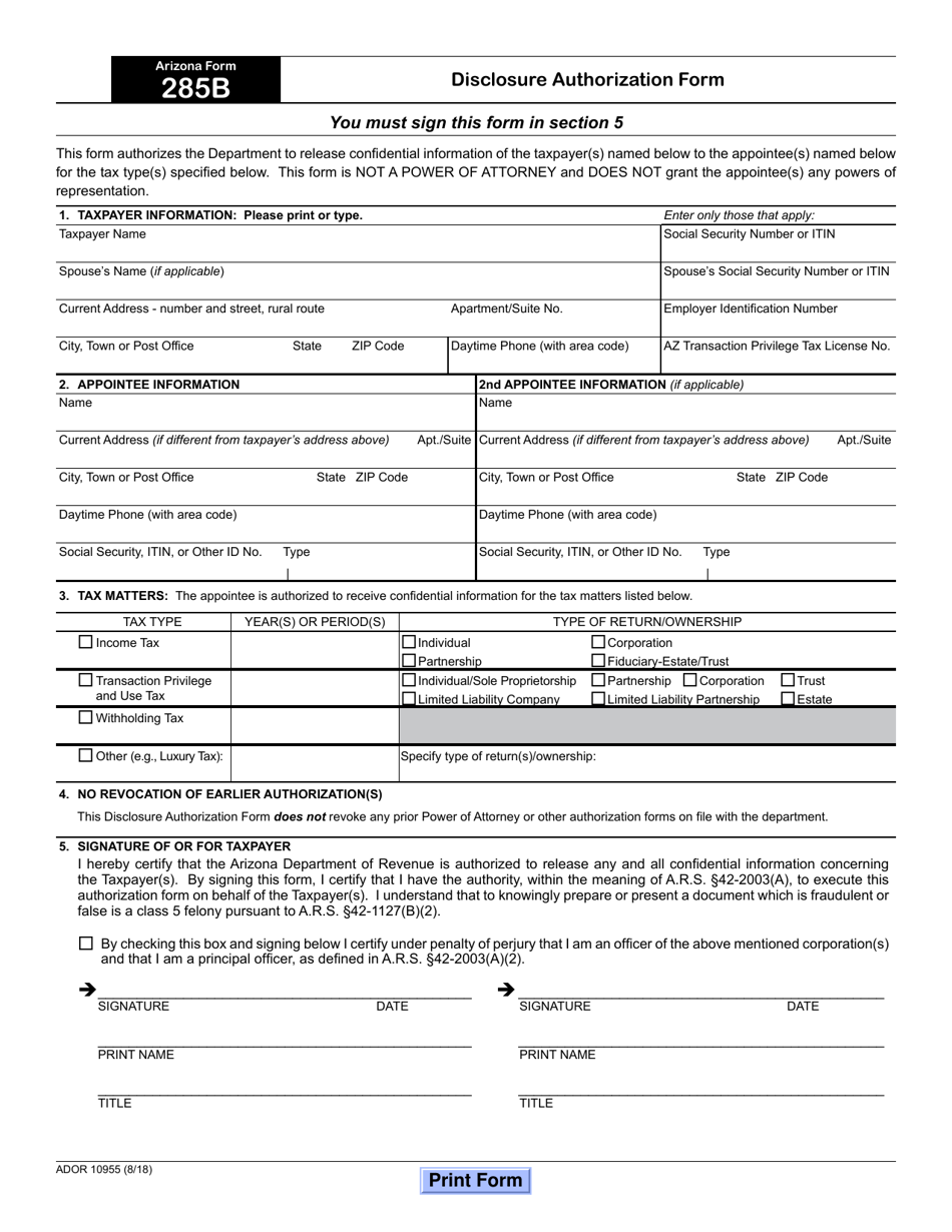 Arizona Form 285B (ADOR10955) Disclosure Authorization Form - Arizona, Page 1