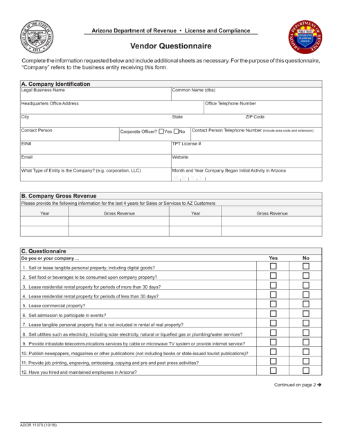 Form ADOR11370 Vendor Questionnaire - Arizona