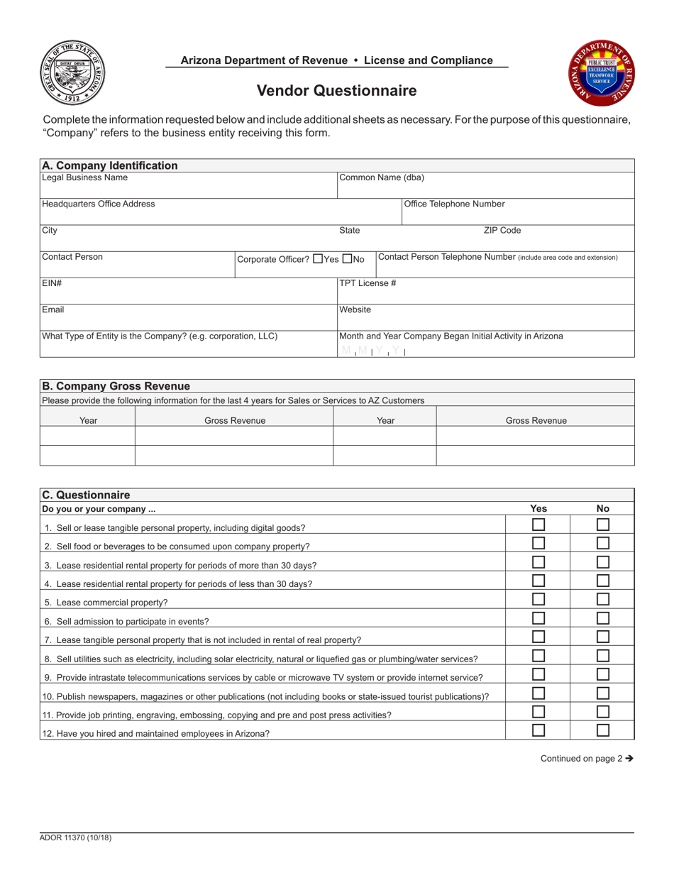 Form ADOR11370 Vendor Questionnaire - Arizona, Page 1