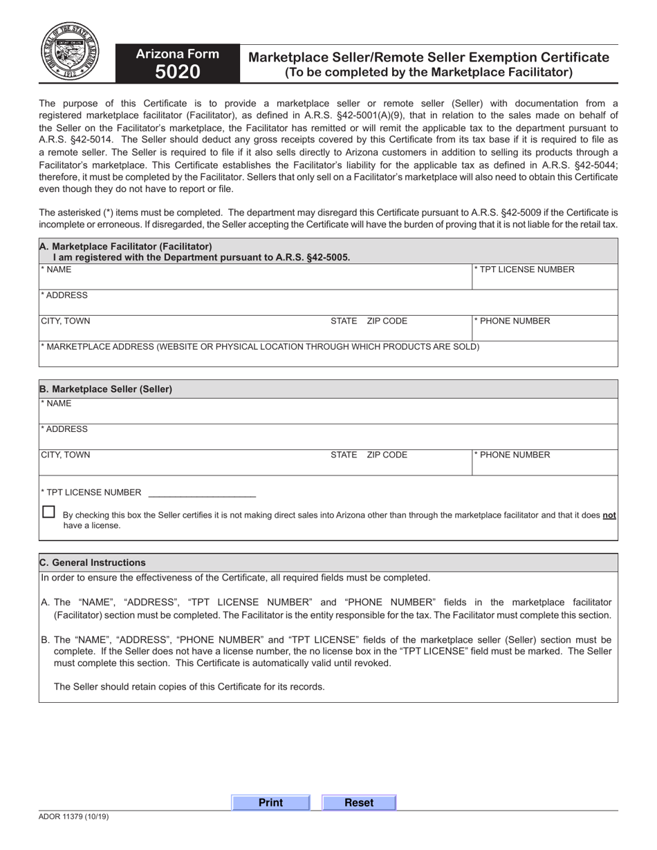 Arizona Form 5020 (ADOR11379) Marketplace Seller / Remote Seller Exemption Certificate - Arizona, Page 1