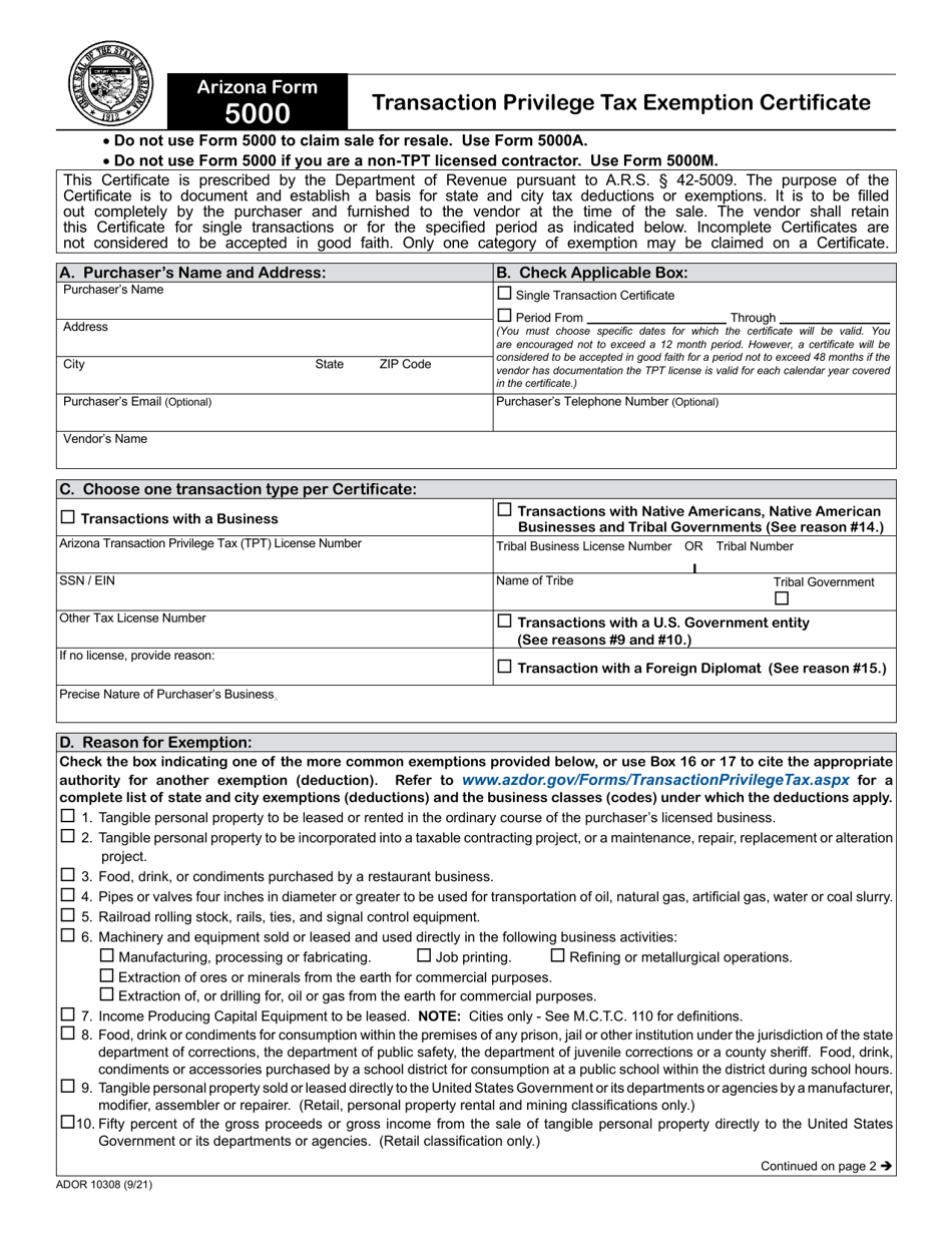Arizona Form 5000 (ADOR10308) Transaction Privilege Tax Exemption Certificate - Arizona, Page 1