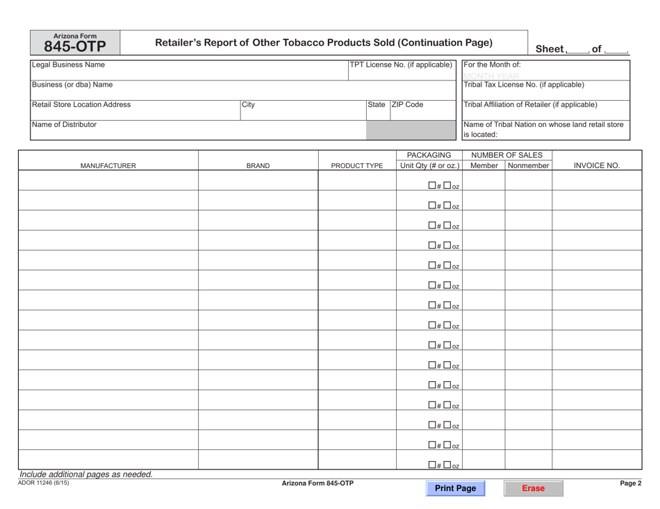 Arizona Form 845-OTP (ADOR11246) Retailers Report of Other Tobacco Products Sold - Arizona, Page 3