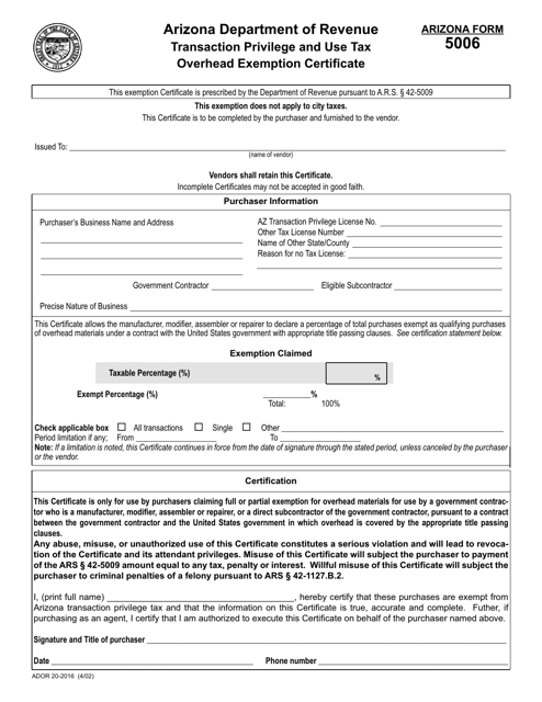 Arizona Form 5006 (ADOR20-2016)  Printable Pdf