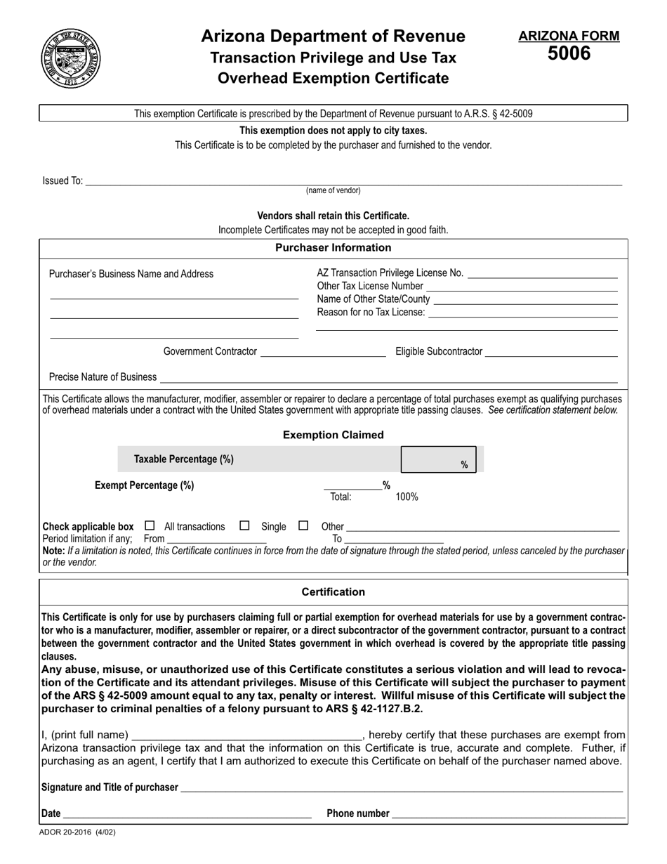 Arizona Form 5006 (ADOR20-2016) - Fill Out, Sign Online and Download ...