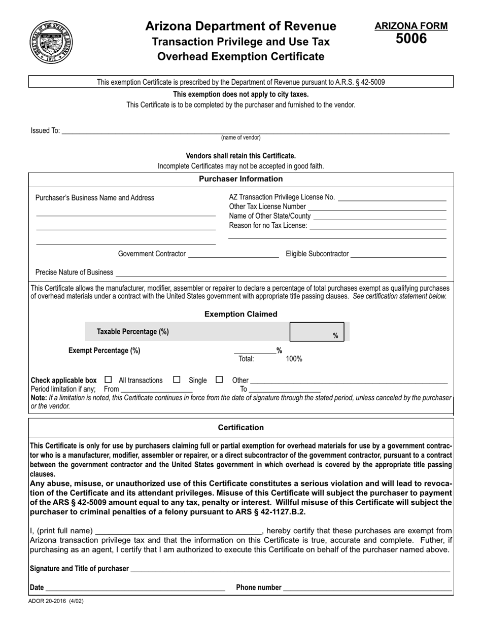 Arizona Form 5006 (ADOR20-2016) Transaction Privilege and Use Tax Overhead Exemption Certificate - Arizona, Page 1