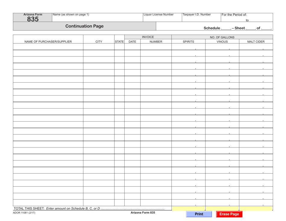 Arizona Form 835 (ADOR11081) Craft Distilleries / Farm Winery / Microbrewery / Cider / Direct Shipment Licensee Return of Liquor Sold - Arizona, Page 3