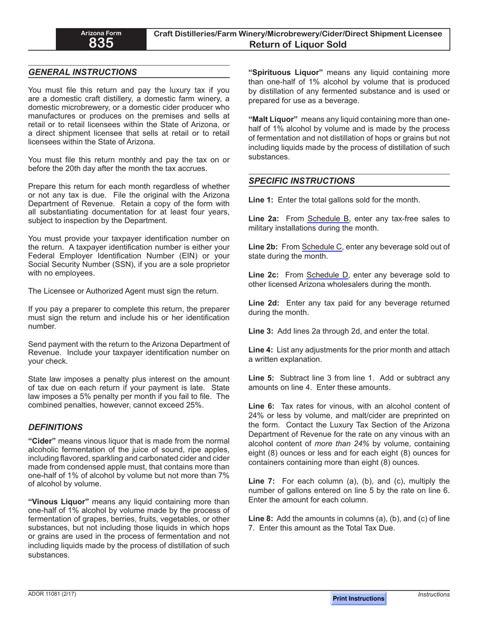 Arizona Form 835 (ADOR11081) Craft Distilleries / Farm Winery / Microbrewery / Cider / Direct Shipment Licensee Return of Liquor Sold - Arizona, Page 4