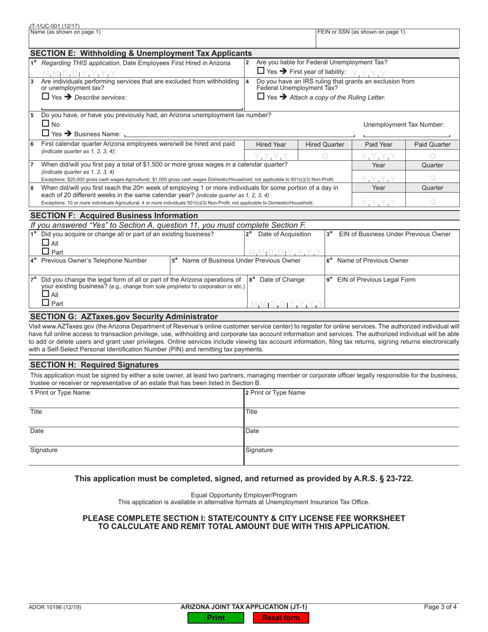 Form JT-1 (ADOR10196) Arizona Joint Tax Application - Arizona, Page 3