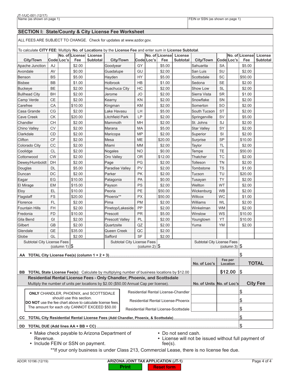 Form JT-1 (ADOR10196) Arizona Joint Tax Application - Arizona, Page 4
