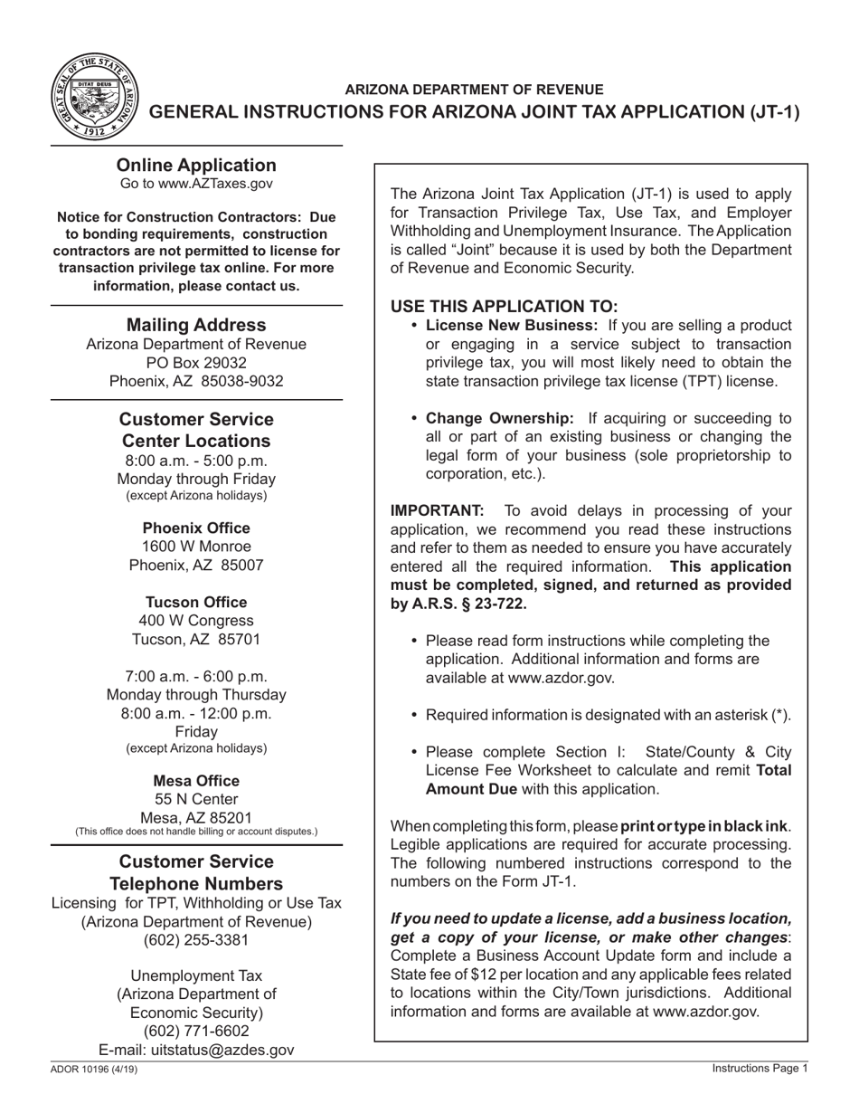 Form JT-1 (ADOR10196) Arizona Joint Tax Application - Arizona, Page 5