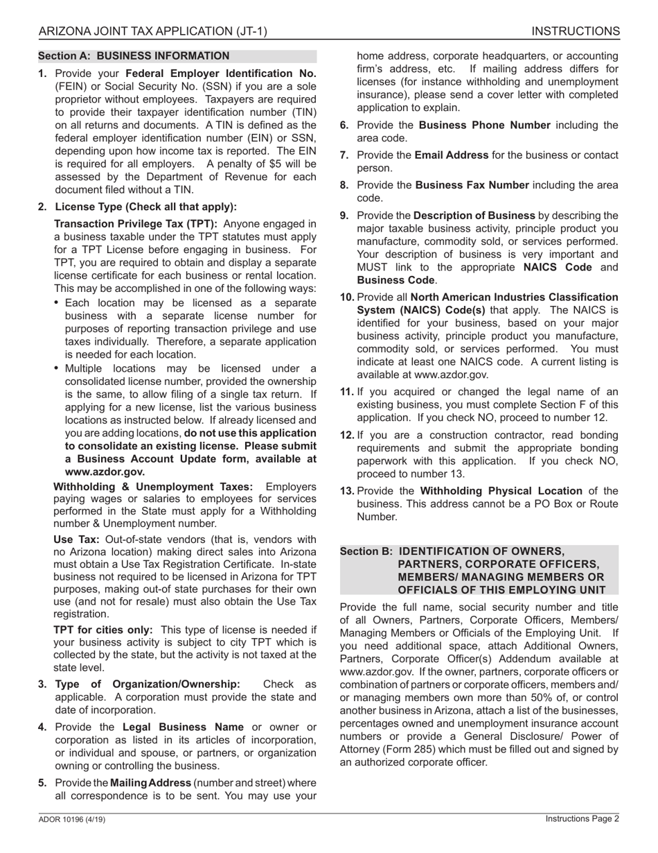Form JT-1 (ADOR10196) Arizona Joint Tax Application - Arizona, Page 6