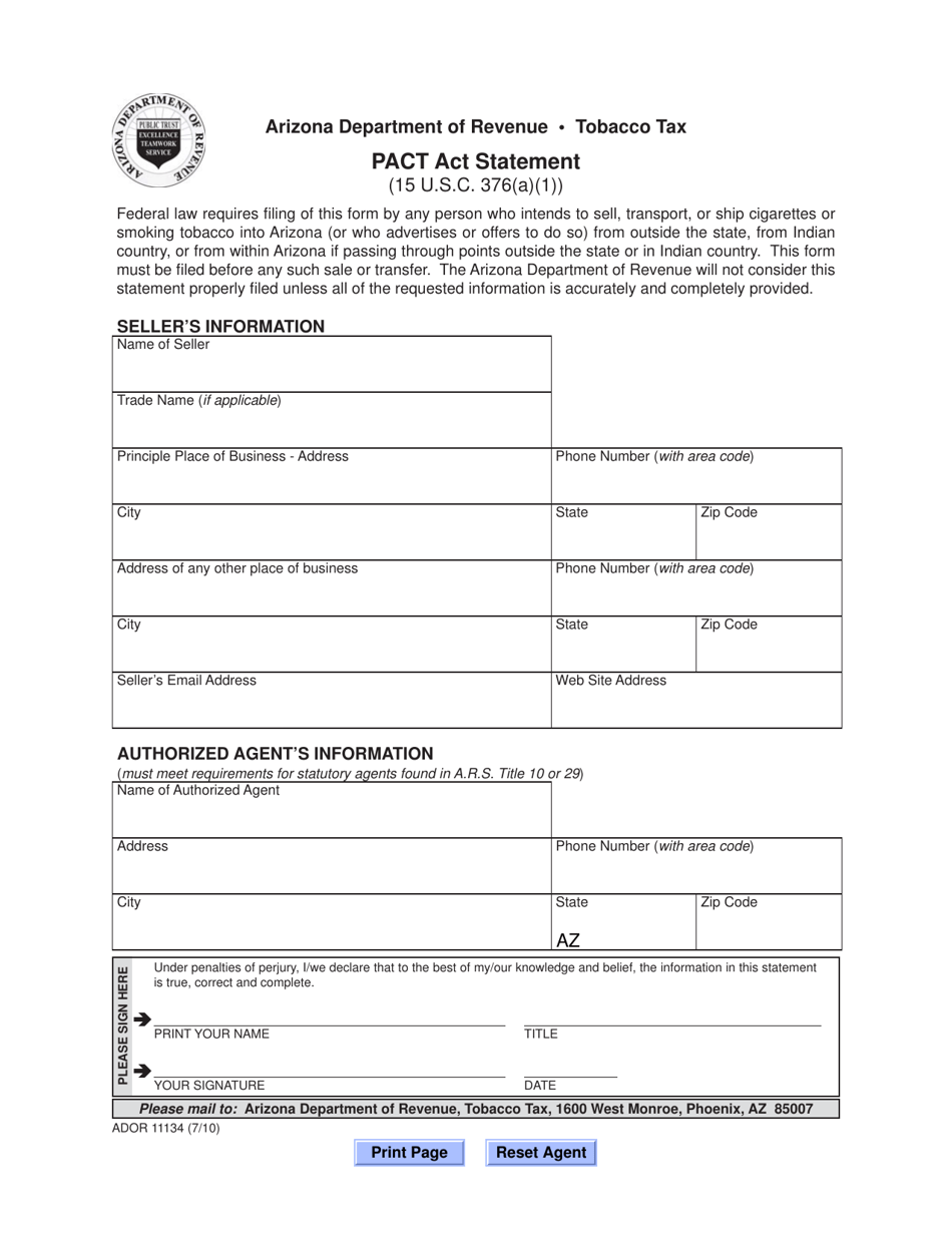 Form ADOR11134 Pact Act Statement - Arizona, Page 1