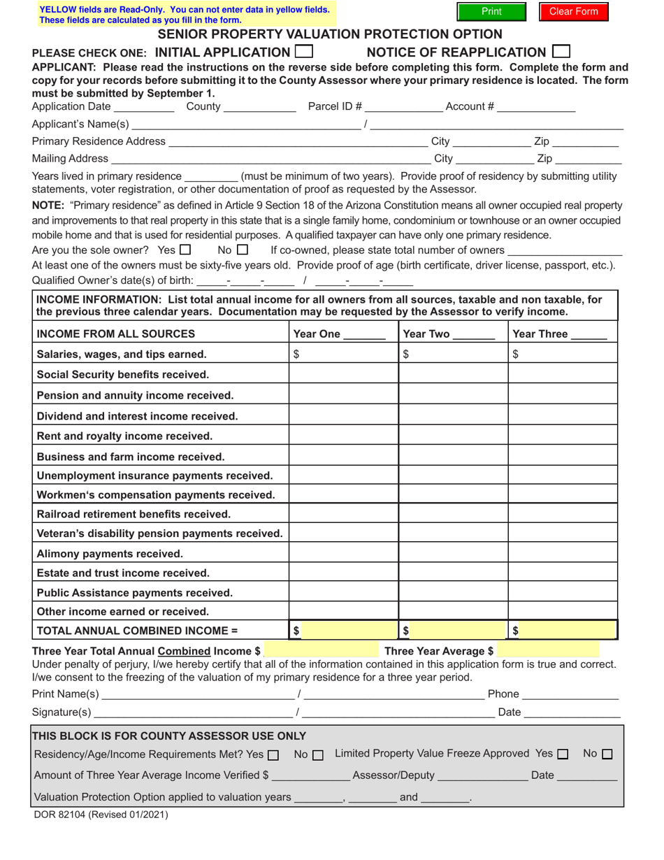 Form DOR82104 Senior Property Valuation Protection Option - Arizona, Page 1