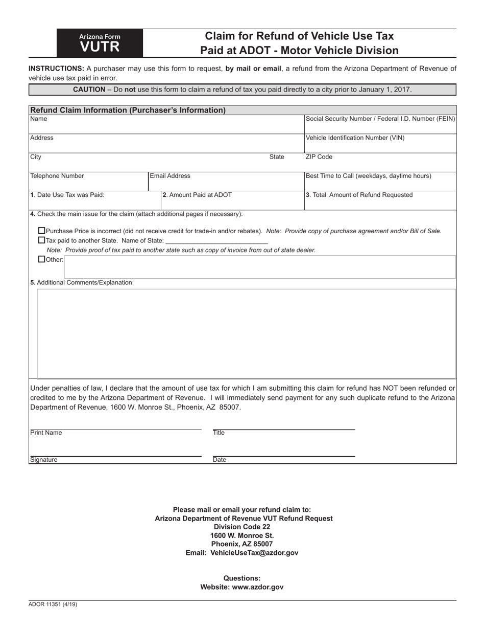 Arizona Form Vutr Ador11351 Fill Out Sign Online And Download Fillable Pdf Arizona 7487