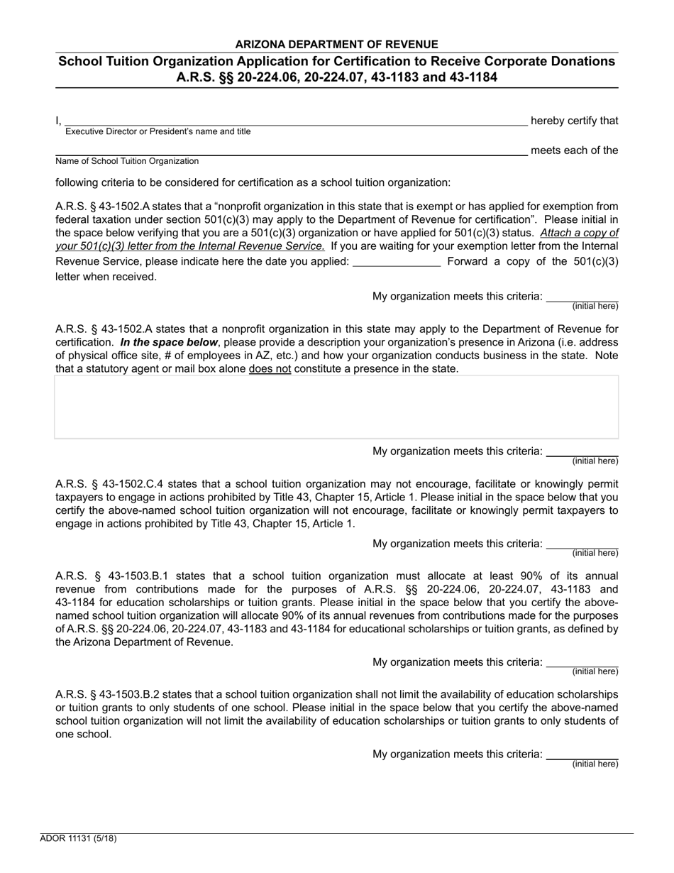 Form ADOR11131 School Tuition Organization Application for Certification to Receive Corporate Donations - Arizona, Page 1