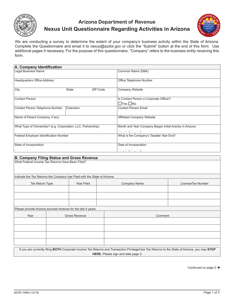 Form ADOR10894 Nexus Unit Questionnaire Regarding Activities in Arizona - Arizona, Page 1