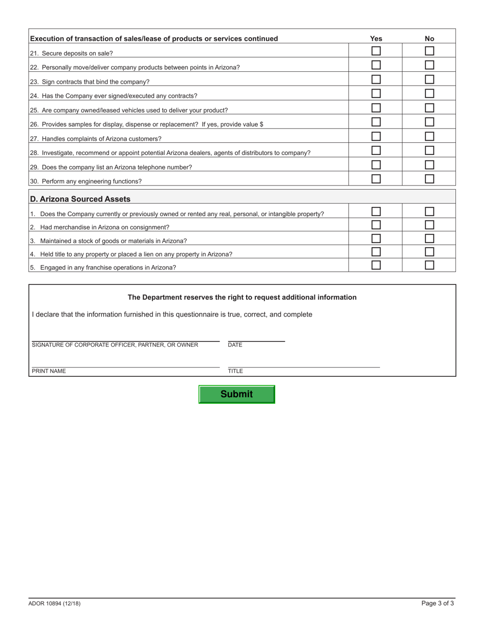 Form ADOR10894 Nexus Unit Questionnaire Regarding Activities in Arizona - Arizona, Page 3