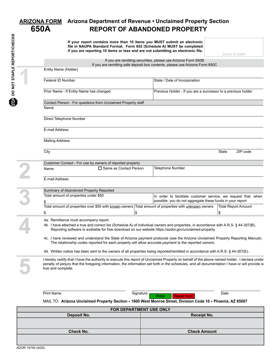 Arizona Form 650A (ADOR10755) Report of Abandoned Property - Arizona, Page 1
