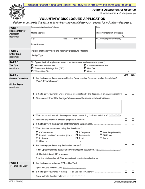 Form ADOR11158 Voluntary Disclosure Application - Arizona