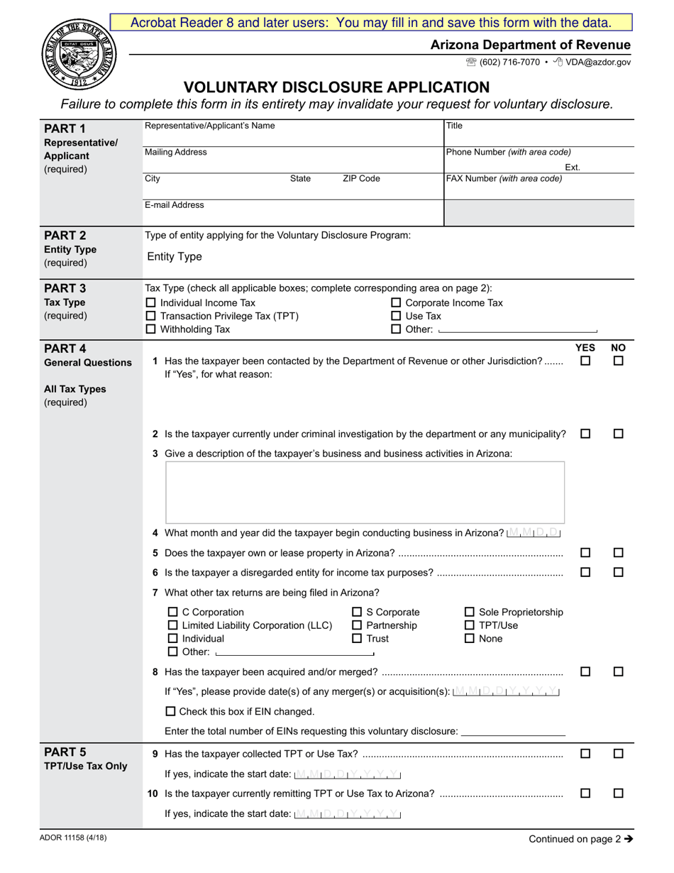 Form ADOR11158 Voluntary Disclosure Application - Arizona, Page 1