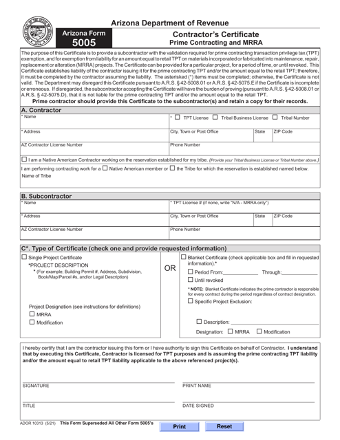 Arizona Form 5005 (ADOR10313) Contractor's Certificate - Arizona