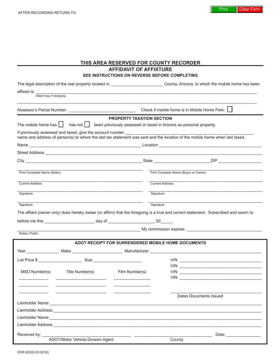 Form DOR82528 Affidavit of Affixture - Arizona, Page 1