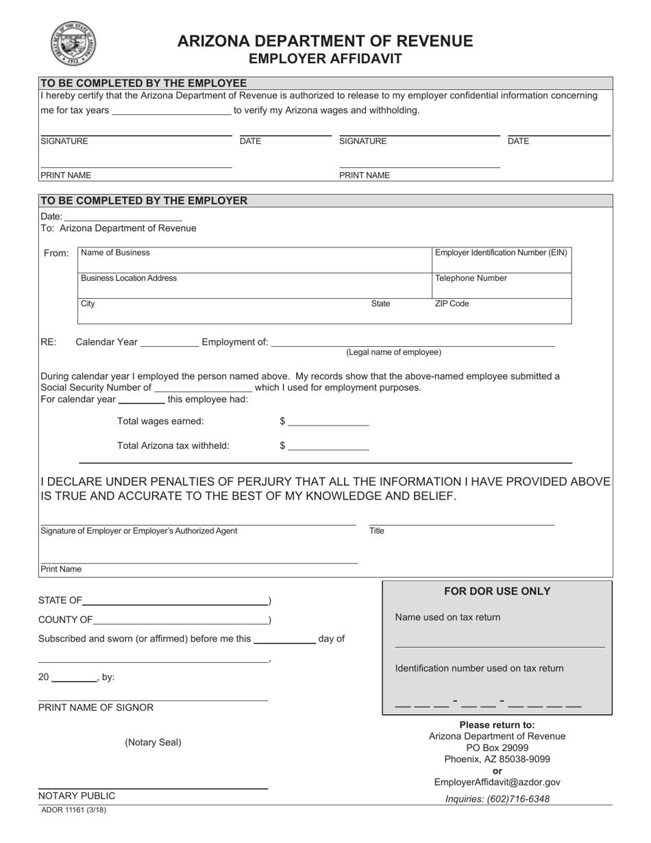 Form ADOR11161 Employer Affidavit - Arizona, Page 1