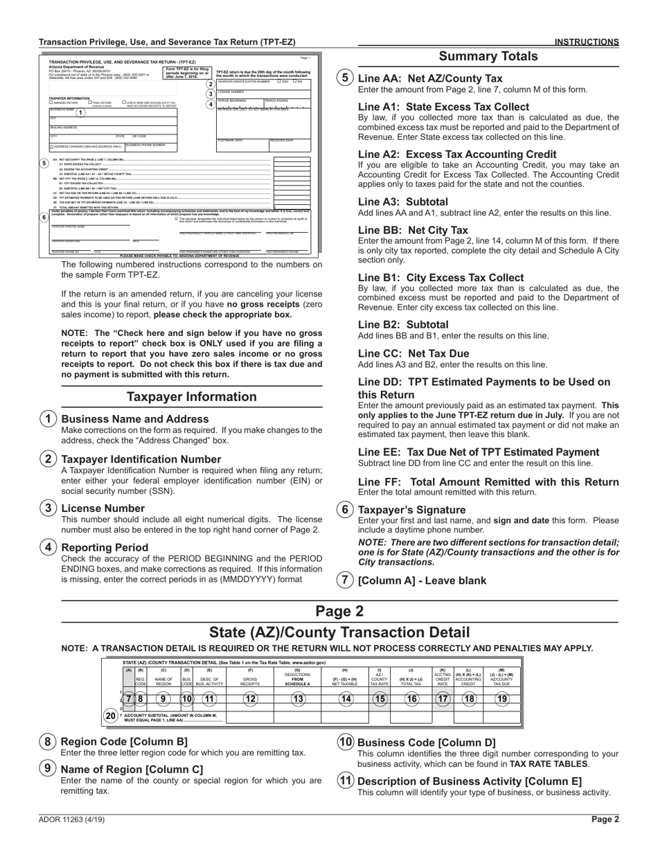 Download Instructions For Form Tpt Ez Ador11263 Transaction Privilege Use And Severance Tax 