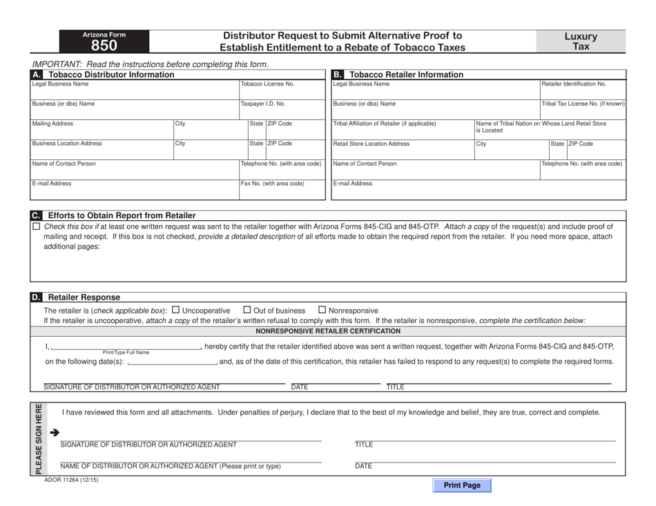 Arizona Form 850 (ADOR11264) Distributor Request to Submit Alternative Proof to Establish Entitlement to a Rebate of Tobacco Taxes - Arizona, Page 3