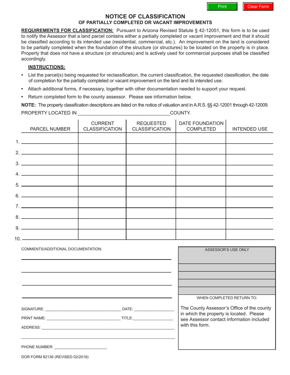 Form DOR82136 Notice of Classification of Partially Completed or Vacant Improvements - Arizona, Page 1