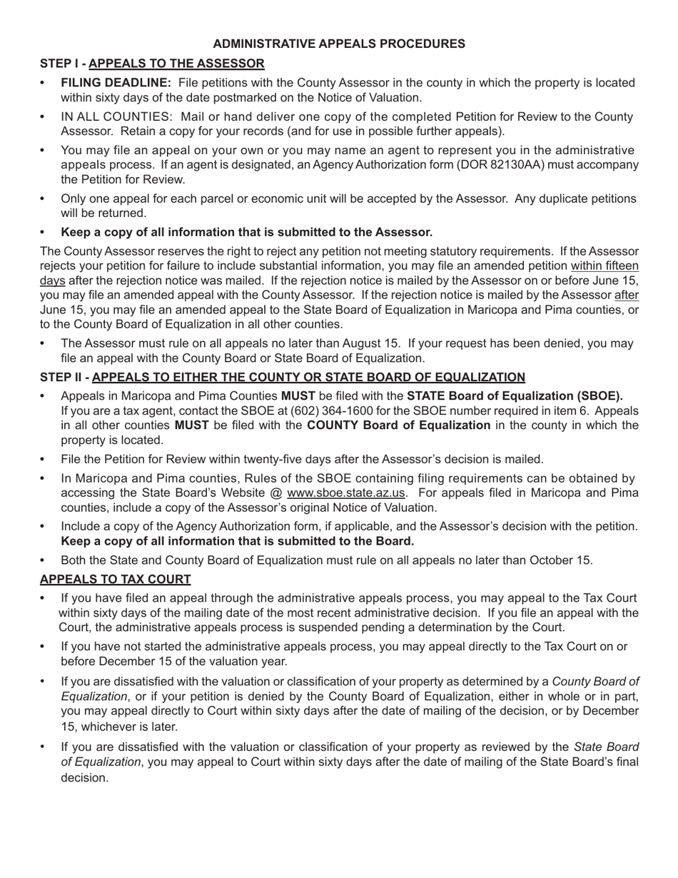 Form DOR82130 Petition for Review of Real Property Valuation - Arizona, Page 2