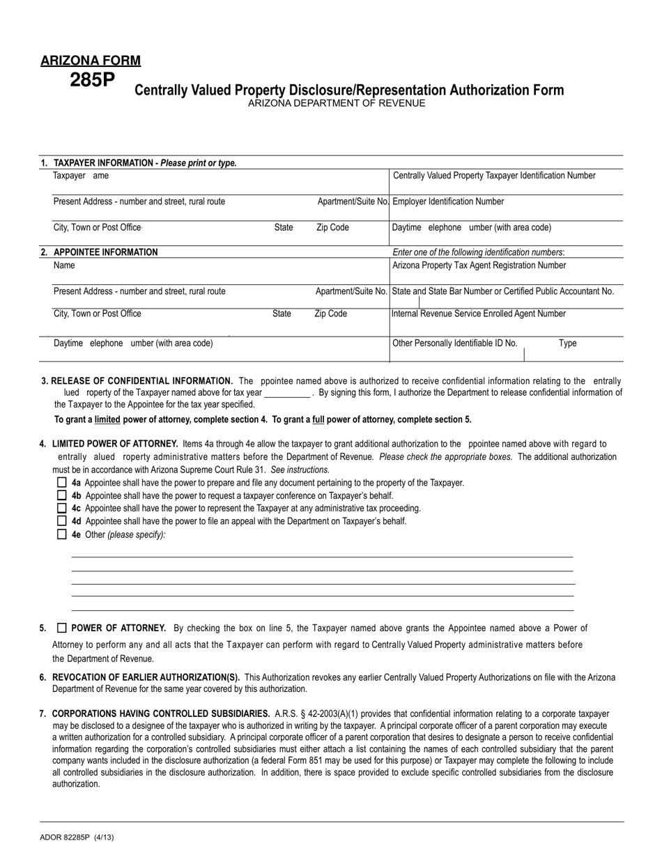 Arizona Form 285P (ADOR82285P) Centrally Valued Property Disclosure / Representation Authorization Form - Arizona, Page 1