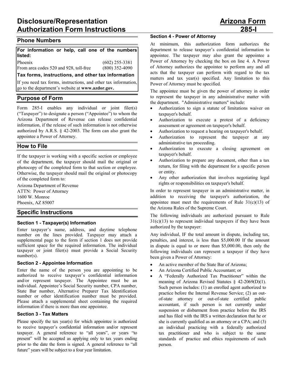 Instructions for Arizona Form 285-I, ADOR03-0033F Individual Income Tax Disclosure / Representation Authorization Form - Arizona, Page 1