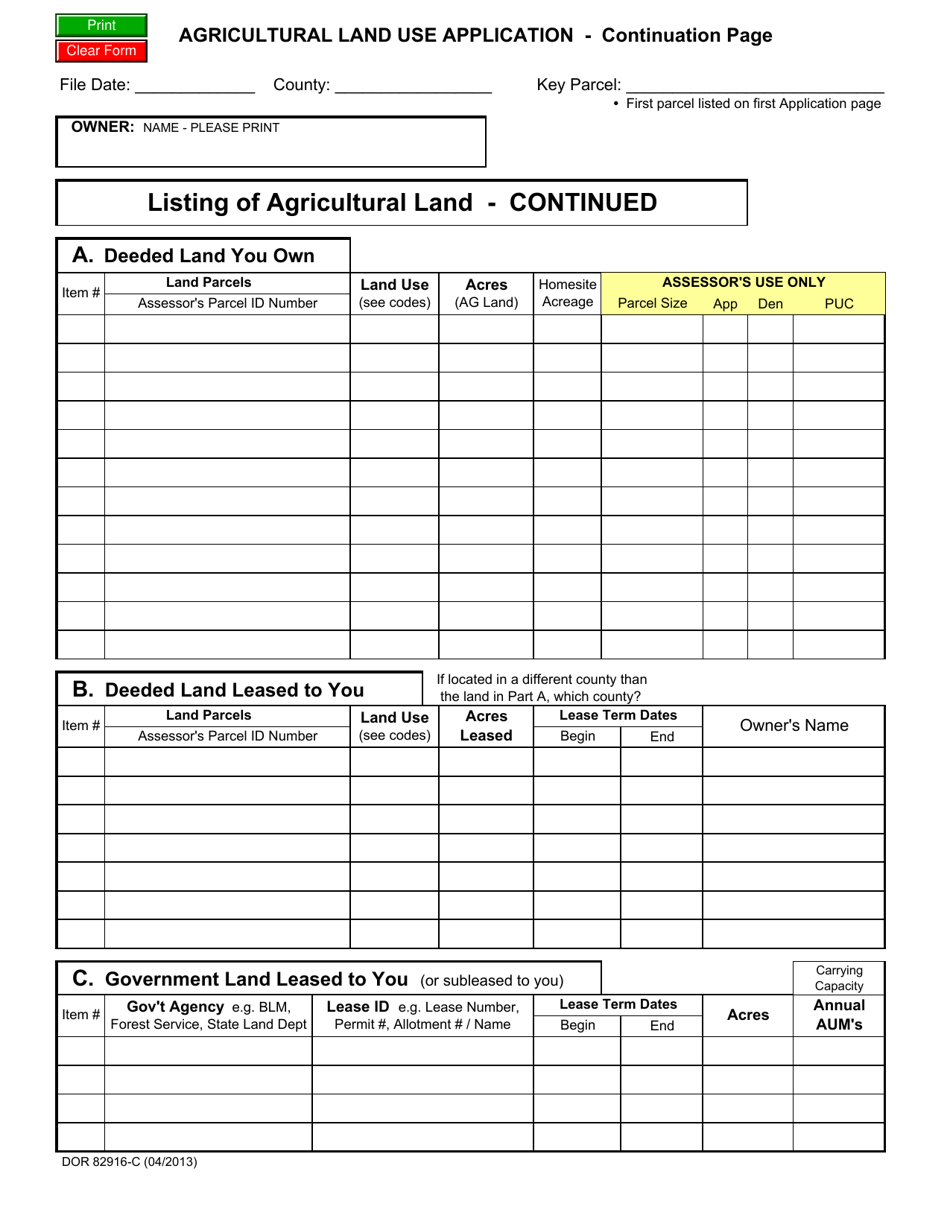Form DOR82916-C Agricultural Land Use Application - Continuation Page - Arizona, Page 1