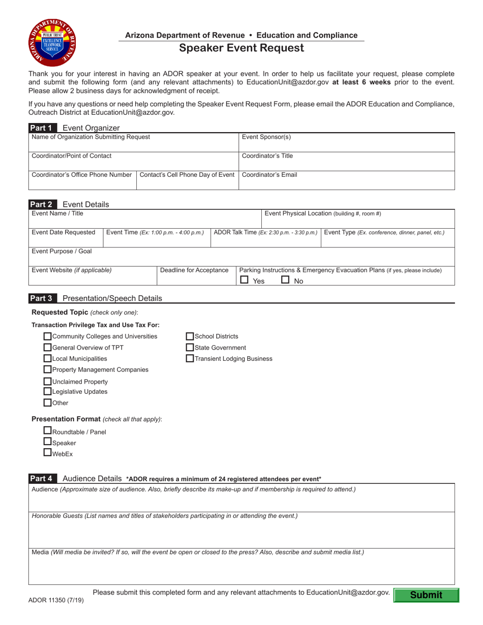 Form ADOR11350 Speaker Event Request - Arizona, Page 1