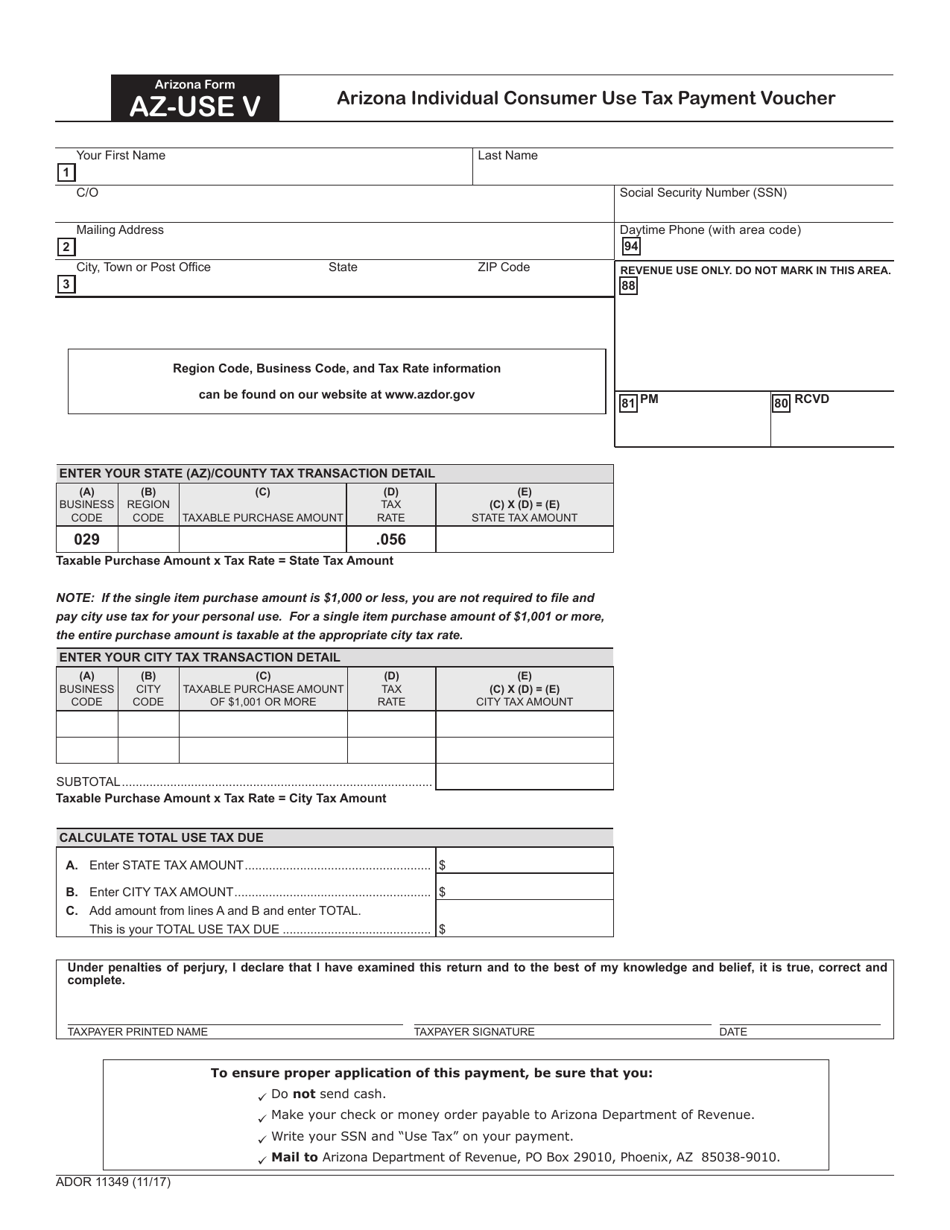 Arizona Form AZ-USE V (ADOR11349) Download Fillable PDF or Fill Online ...