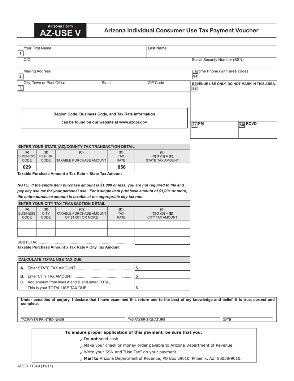 Arizona Form AZ-USE V (ADOR11349) Arizona Individual Consumer Use Tax Payment Voucher - Arizona, Page 1
