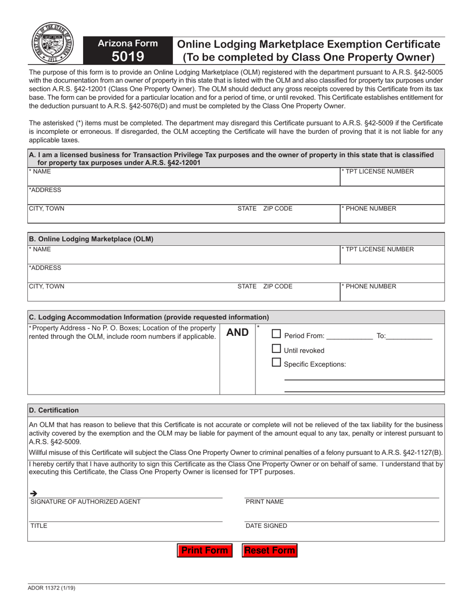 Arizona Form 5019 (ADOR11372) Fill Out, Sign Online and Download