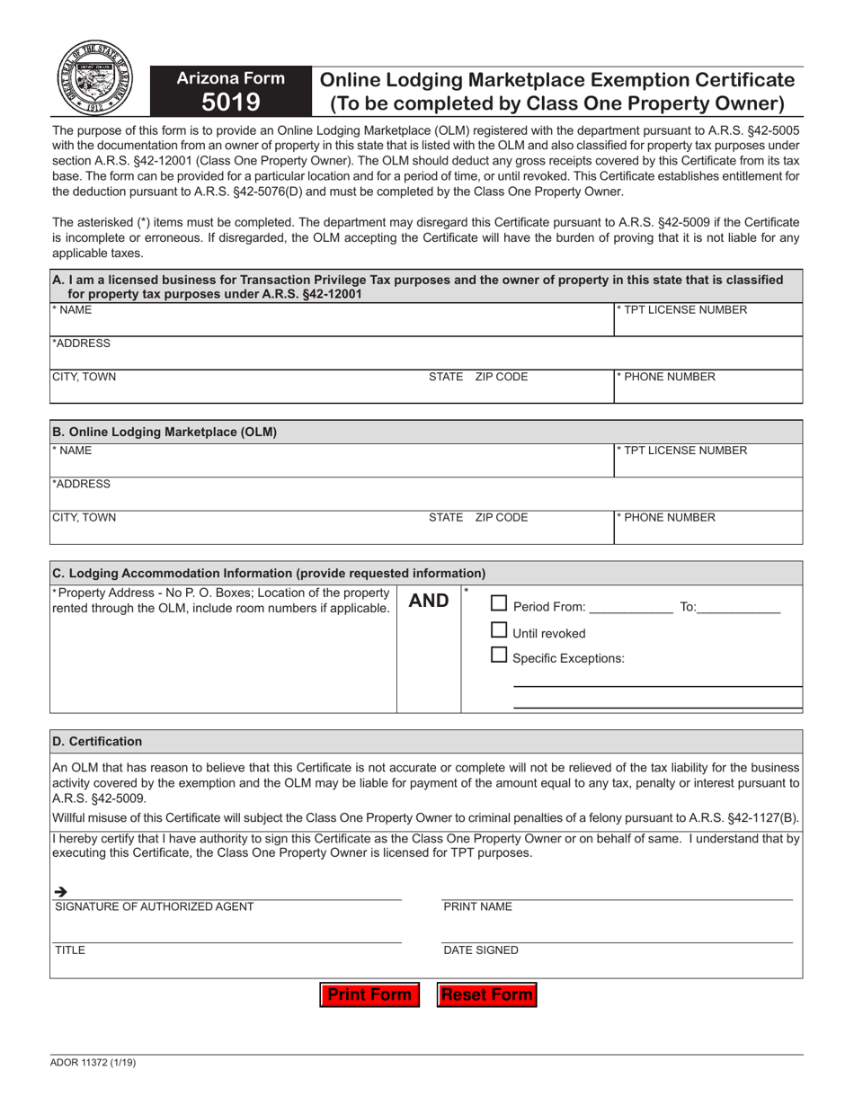 Arizona Form 5019 (ADOR11372) Online Lodging Marketplace Exemption Certificate - Arizona, Page 1