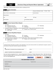 Arizona Form 292 (ADOR11367) &quot;Electronic Filing and Payment Waiver Application&quot; - Arizona