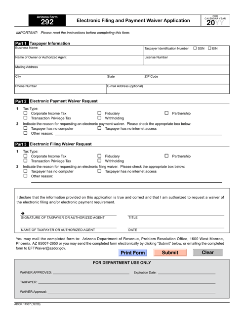 Arizona Form 292 (ADOR11367) Electronic Filing and Payment Waiver Application - Arizona