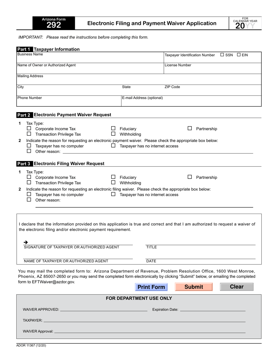 Arizona Form 292 (ADOR11367) Electronic Filing and Payment Waiver Application - Arizona, Page 1
