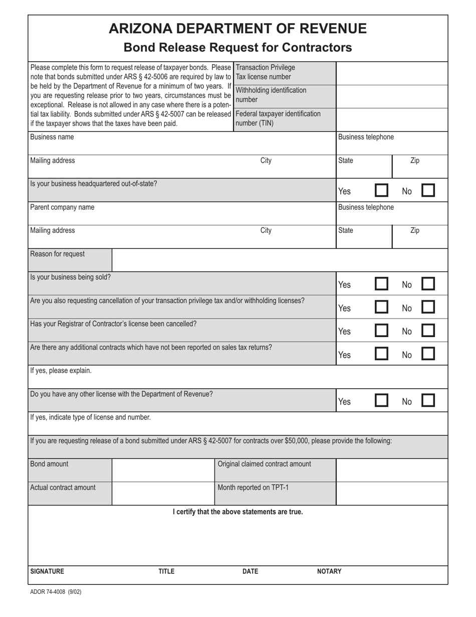 Form ADOR74-4008 Bond Release Request for Contractors - Arizona, Page 1